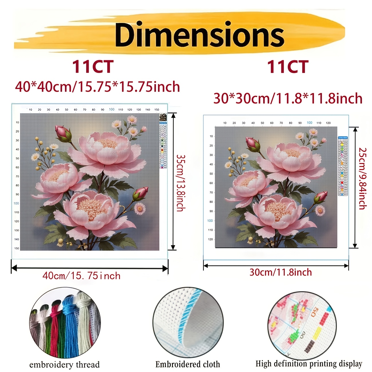Cross Stitch Printed Kit, Pink Peony and Flower Buds Pattern