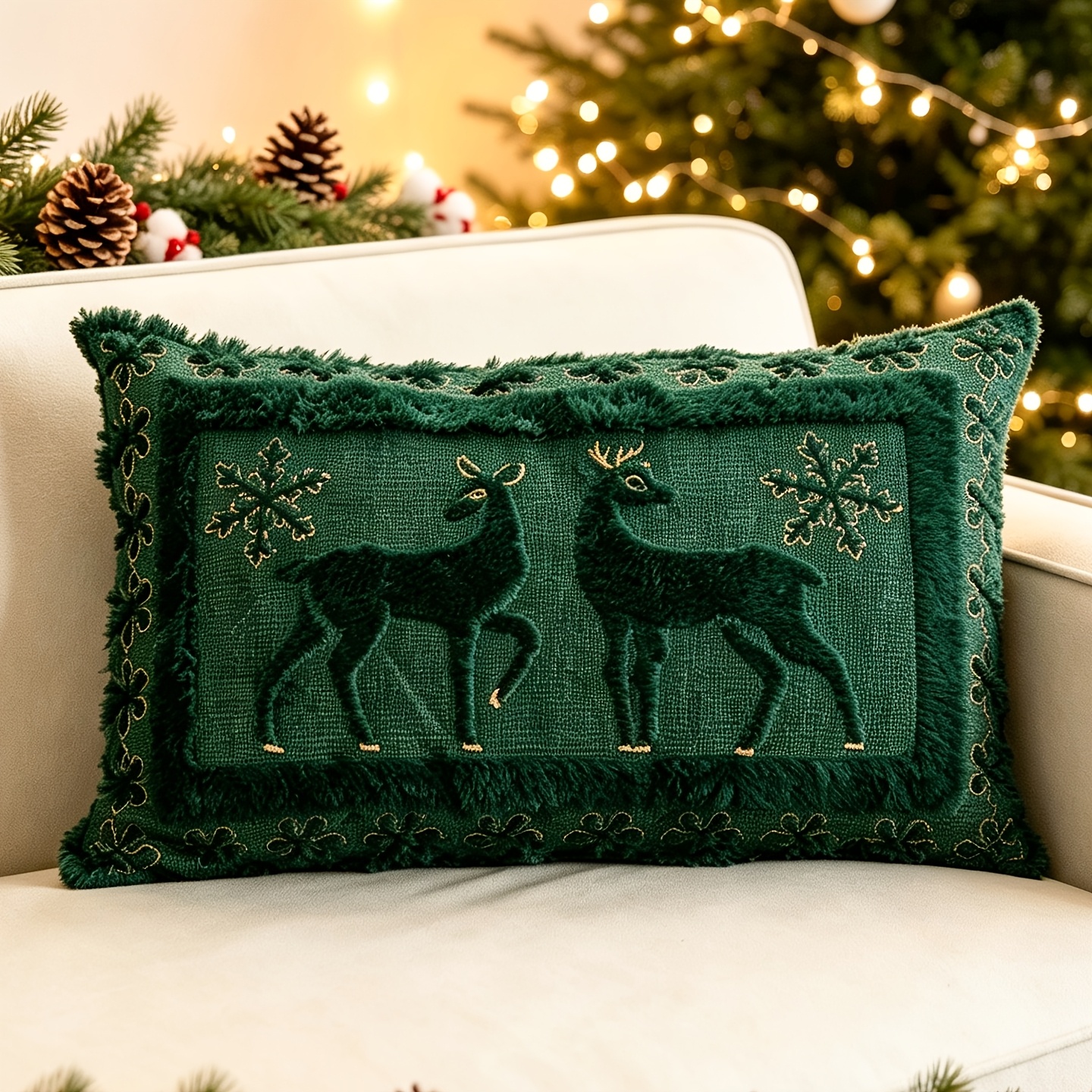 TEMU 1pc 3d Embroidered Christmas Reindeer Pv Velvet Pillowcase, Pillow Insert Not Included, Christmas Themed, Autumn/winter Living Room Bedroom Home