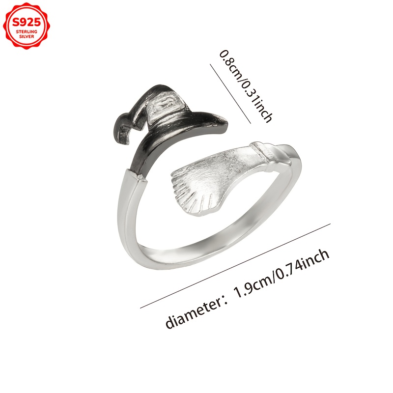 Women's Witch Hat & Broom 925 Sterling Silver Ring