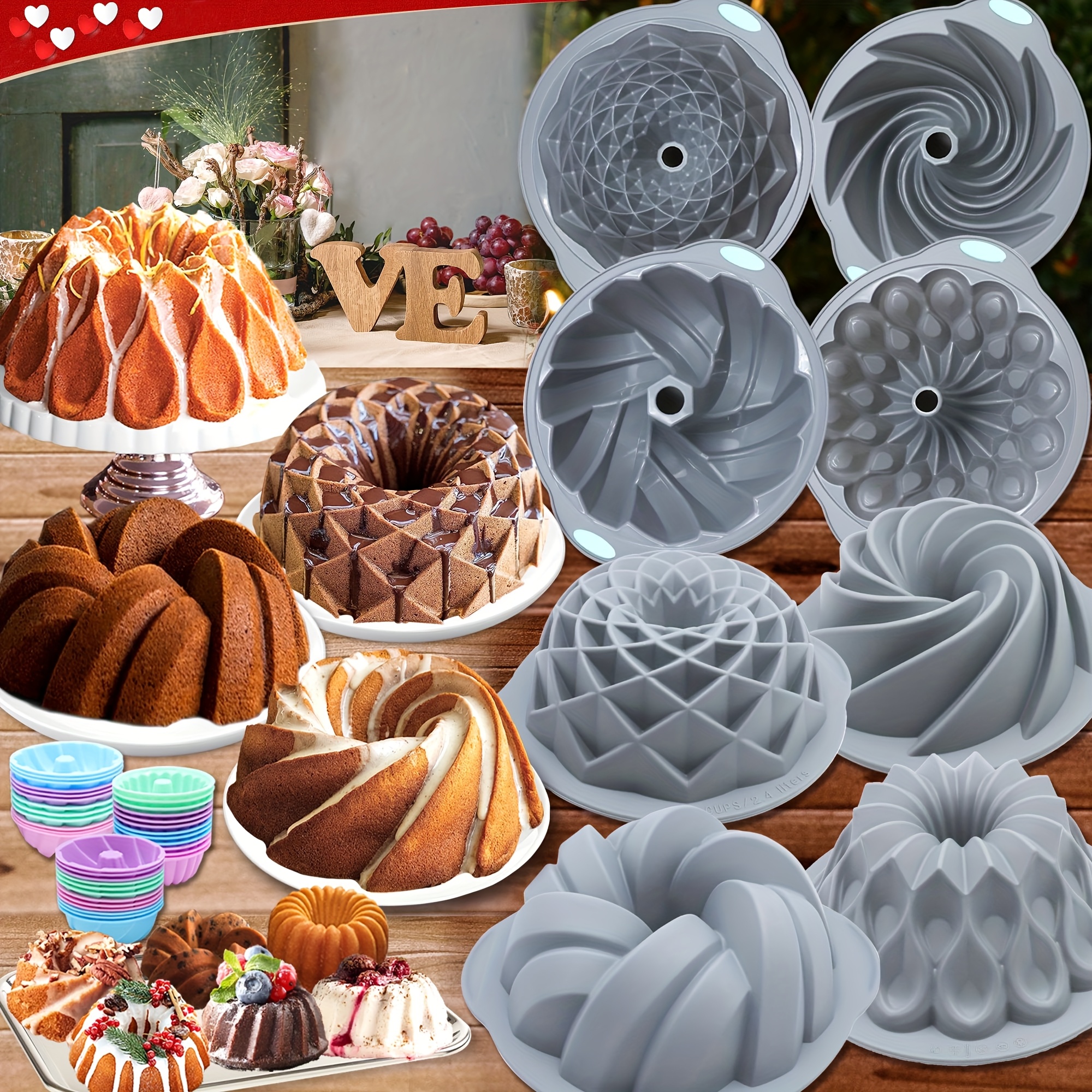 

40pcs Silicone Baking Pan Set, Kitchen Accessories, 4pcs Unique Shapes Cake Mold, 10/12cups Capacity Cake Pan, 36pcs Mini Size Silicone Baking Cups, Couples Activities, Christmas Party, Family