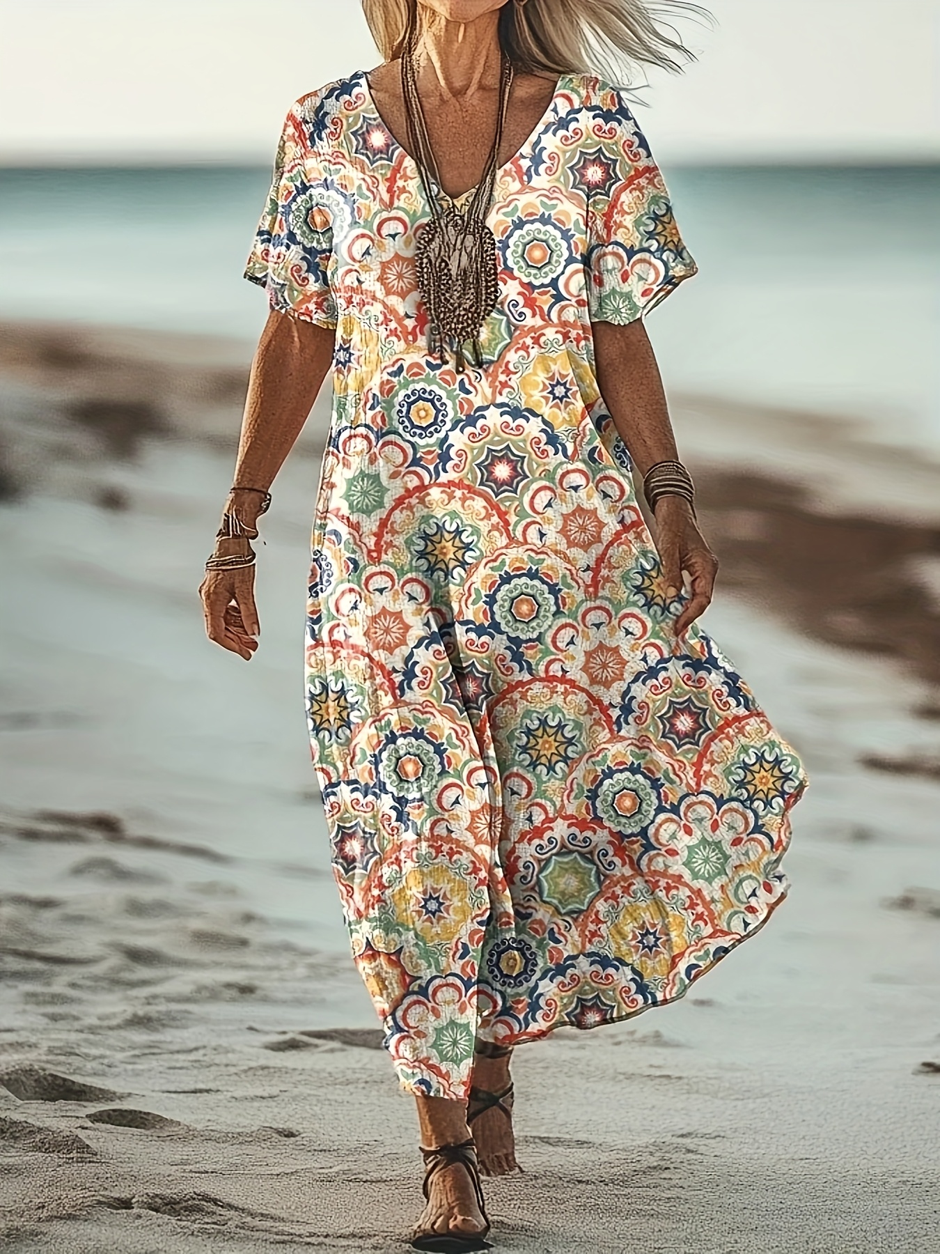 Maxi Jurk Zomer Zomerjurk Katoen Korte Mouw Bohemien Zomerjurk