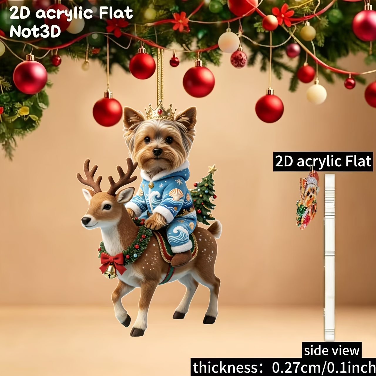 TEMU [2d Flat] 1pc, 2d Acrylic Christmas Riding Reindeer Yorkshire Terrier Pattern Pendant, Holiday Pendant, Hanging Decoration, Easy To Hang With