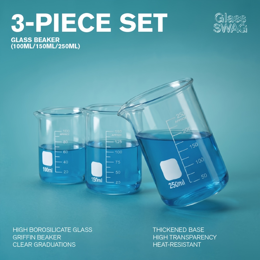 TEMU Ensemble de 3 becs en verre borosilicate (100 ml/150 ml/250 ml), gobelets gradués résistants à la chaleur avec fond épaissi et échelle pour ,