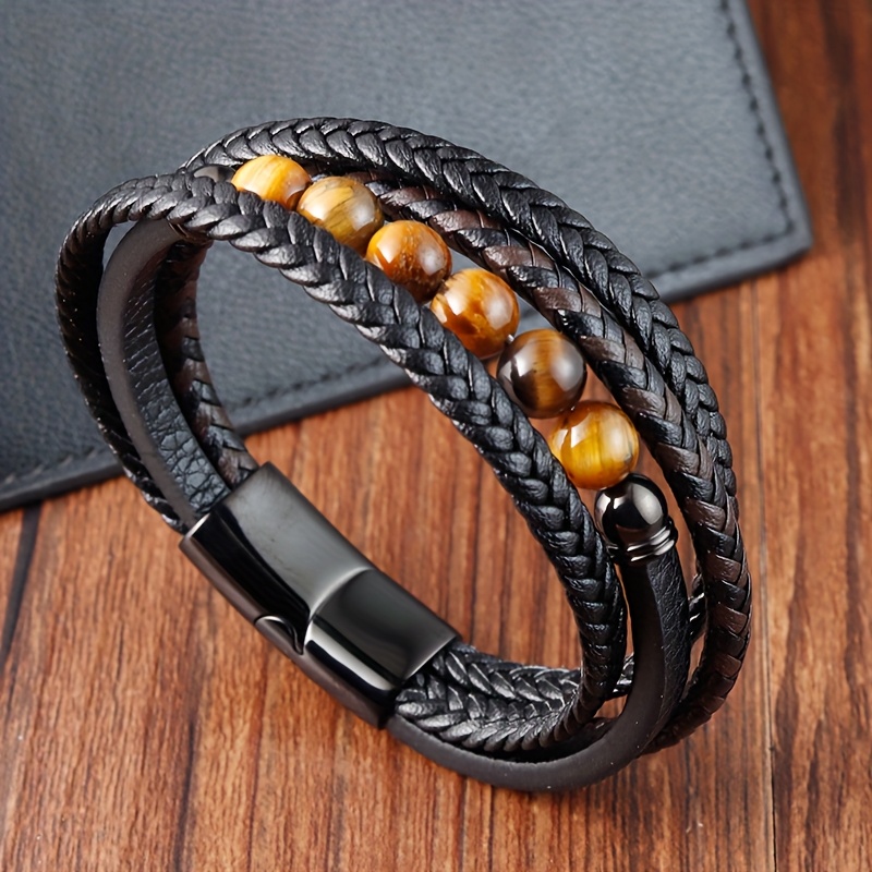 Image of Natural Stone Eye Bracelet Made Of Titanium 316l 316l Stainless Steel For Men, From Genuine Leather, Perfect As A Christmas Gift For Exchange, Suitable For Everyday Wear And Jewelry