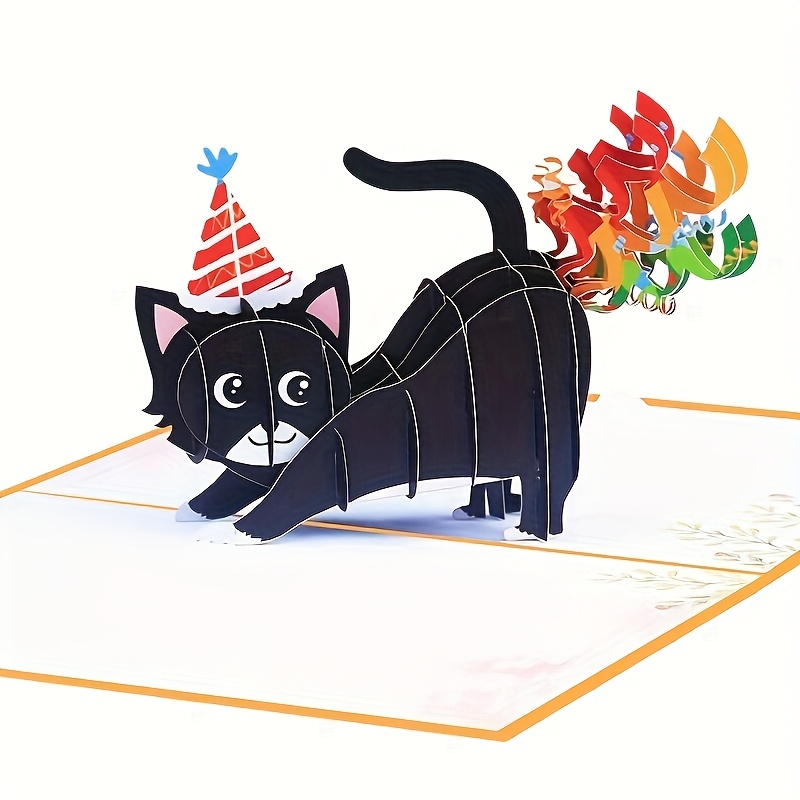 Image of Whimsical 3d Pop-up Cat Birthday Card With Envelope - Fun Handmade Greeting For Cat Lovers, Mom, Dad & - Unique Party Hat Design With Colorful Flames, Cat Lover Gifts