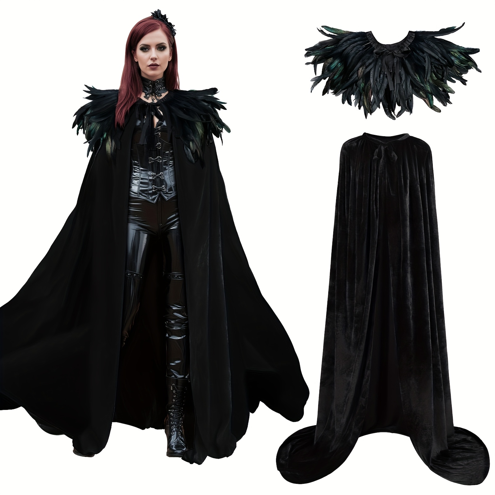 2pcs Halloween Witch Costume, Adult Velvet Cape And Artificial Feather Cape Shawl Set, Halloween Witch Cloak Costume, Masquerade Christmas Cosplay Long Velvet Cloak Wizard Vampire Costume Props