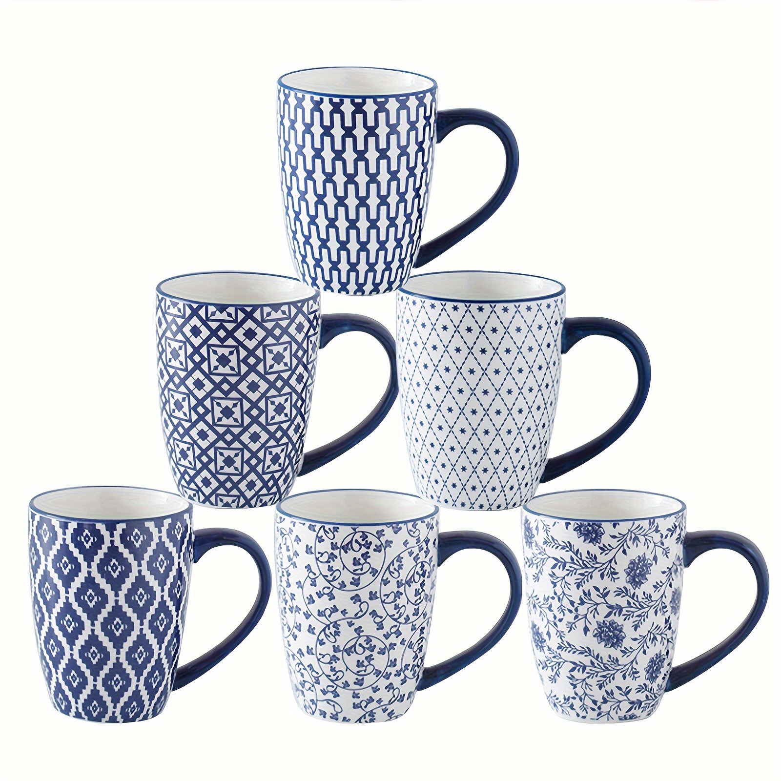 

6pcs, 16 Oz Ceramic Coffee Mugs Set, Cerkik Large Porcelain Tea Cups With Handle For Women, Men, Cocoa, Latte, Cappuccino, Christmas, Housewarming, Gift, Microwave Dishwasher Safe, Vintage Blue
