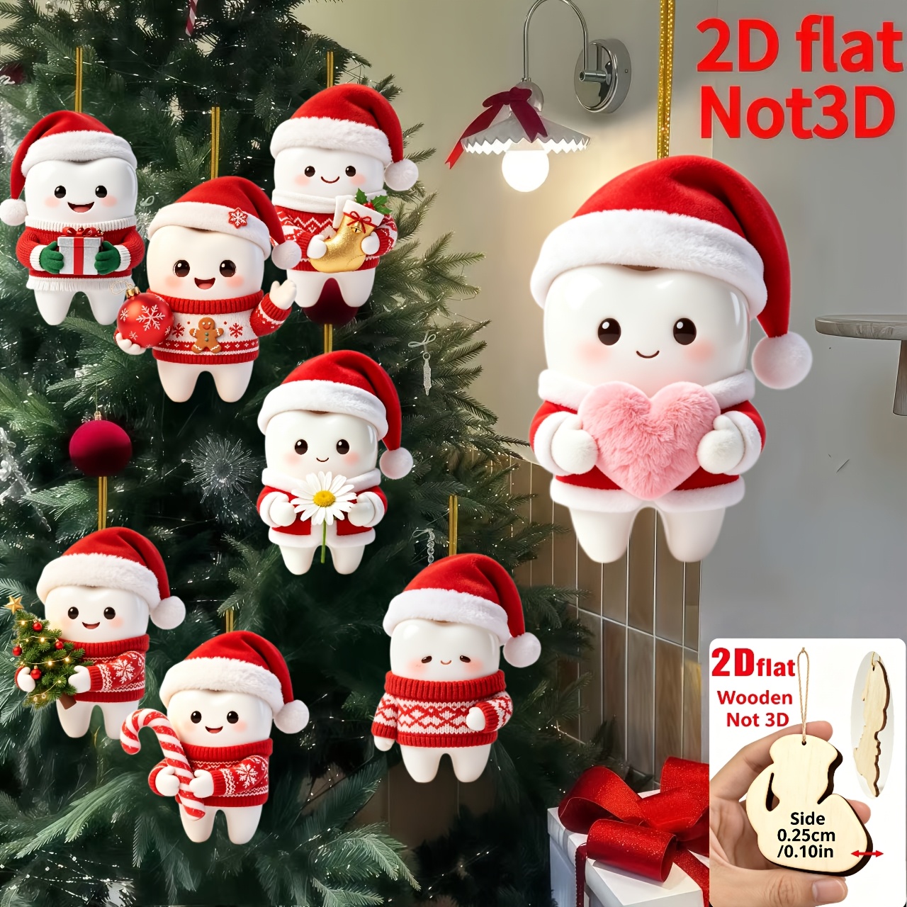 TEMU 2d Flat, 8pcs Set, 2d Embossed Wooden Home Hanging Ornaments, Christmas, Mother's Day, Father's Day, Tooth Pattern Wearing A Santa Hat, Holiday