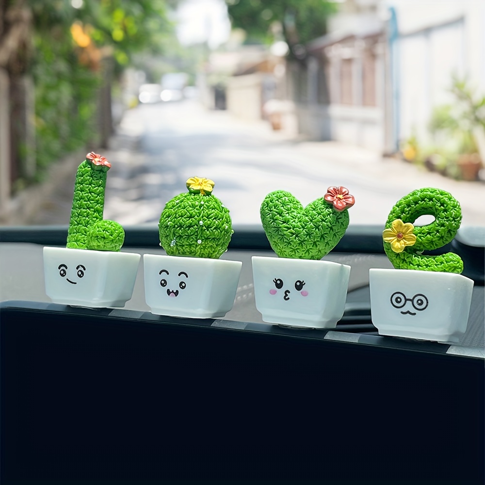 

4pcs Set Cactus Car Dashboard Decorations - Resin Mini Potted Plant Figurines With Heart, Flower, And Eyeglass Designs, Green Accents In White Pots