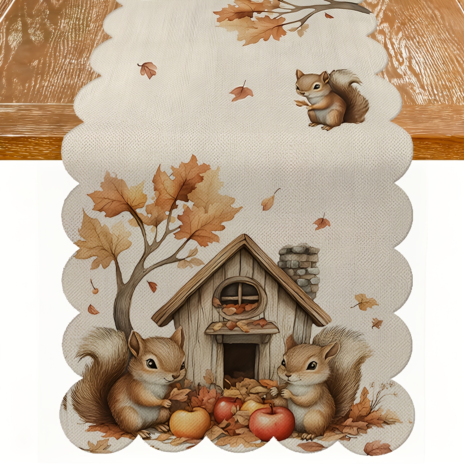 TEMU . . Herbstlicher Eichhörnchen-Tischläufer – Quadratische rustikale Bauernhaus-Herbstdeko mit Aquarell-Eichhörnchen & Apfelzweigen, geeignet für