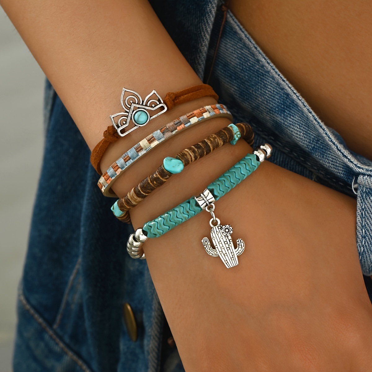 Boho Cactus Turquoise Wooden Bracelet Set Jewelry