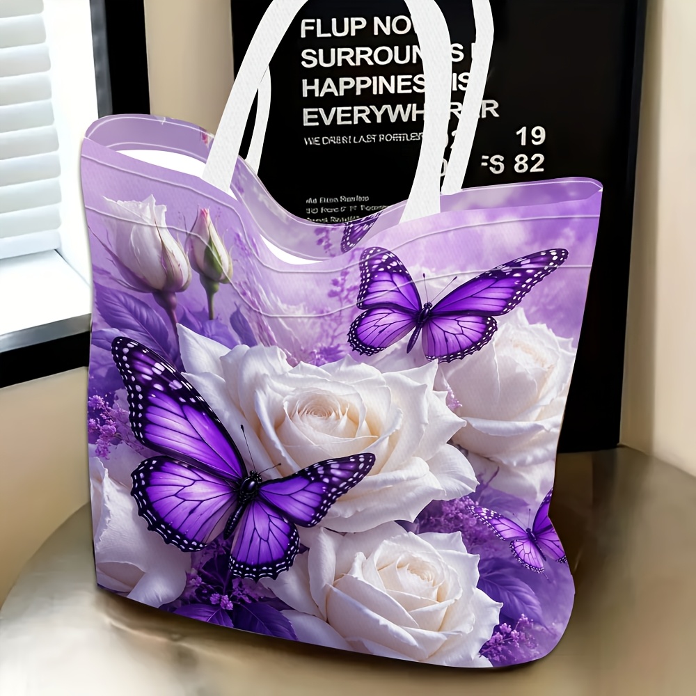 TEMU 1pc Women's Shoulder Bag With Purple And White Rose Theme, Multi-functional And Versatile, Handbag, Clutch, Shoulder Bag, Travel Essential,