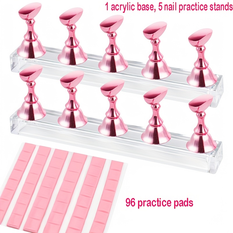 TEMU Ensemble de 102 pièces : 1 base en acrylique, 5 supports de pratique pour ongles et 96 tampons d'entraînement. Présentoir pour ongles press-on |