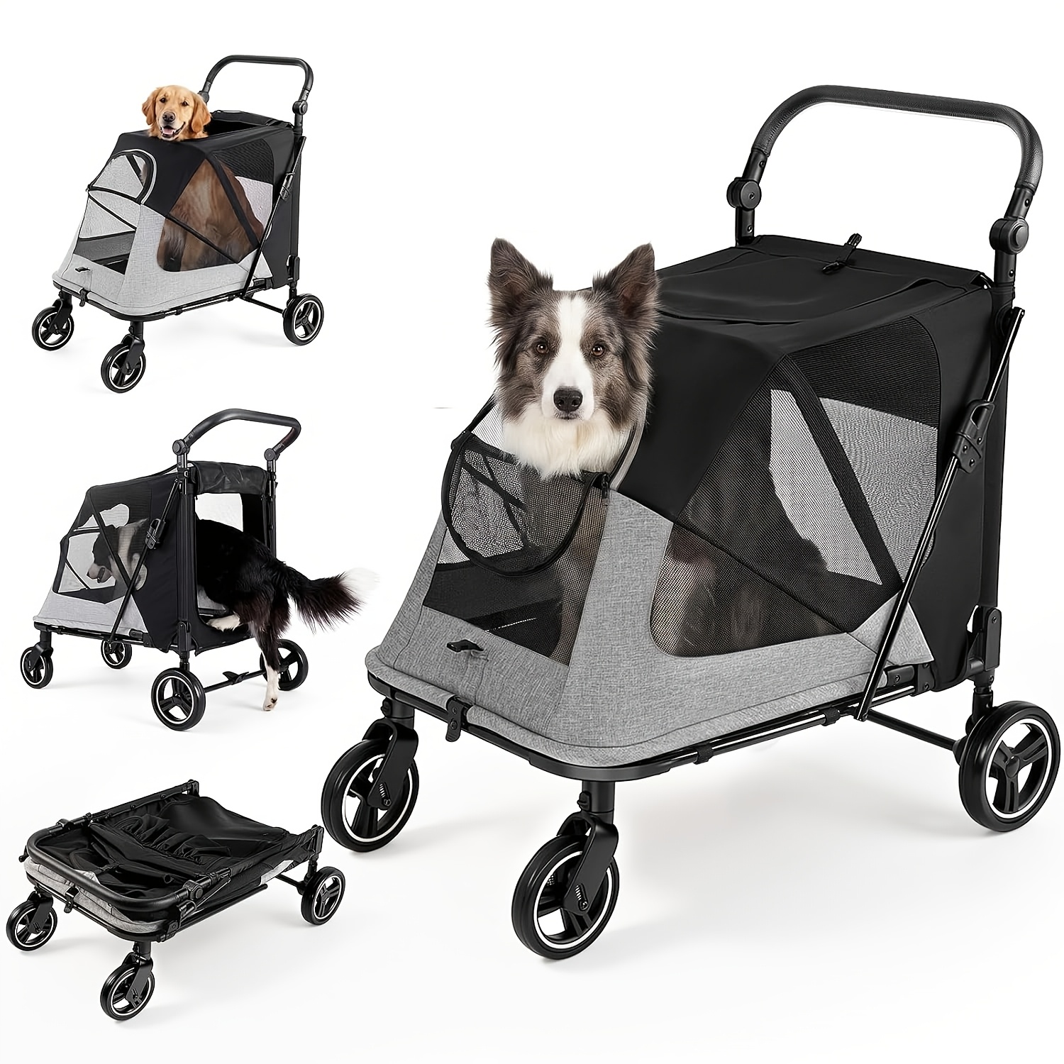 Image of Dog Stroller, Large Capacity Foldable, Large Dog Specific Pet Stroller, Upgrade Shock Absorption Wheels, Breathable Mesh, Low Entry Suitable For Elderly Joint Injured Dogs