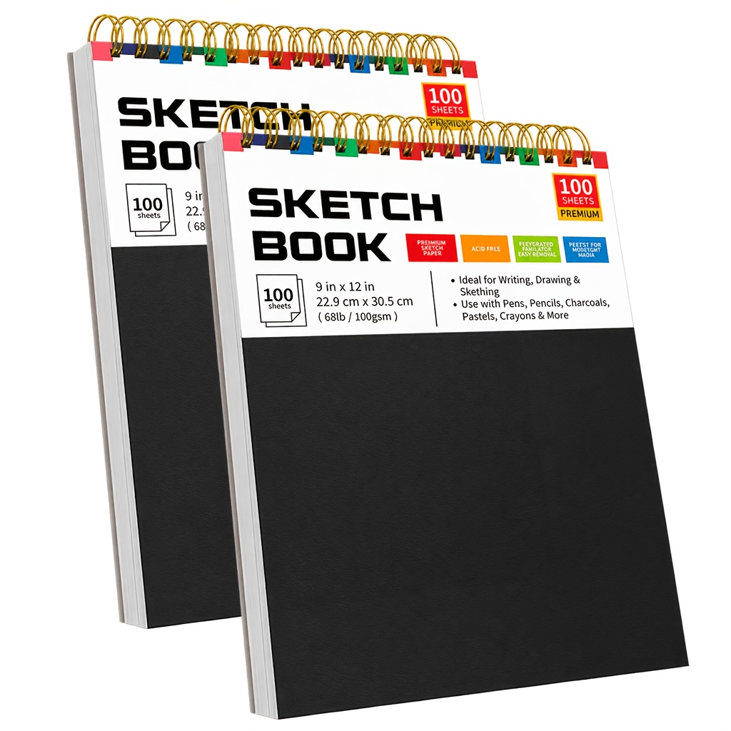 TEMU 2/4 Pack Spiral Sketch Book, 9" X 12" Blank Subject Notebook, 100 Sheets/ 200 Pages Art Sketchbook Drawing Pad, 68lb Acid-free, Fine-texture