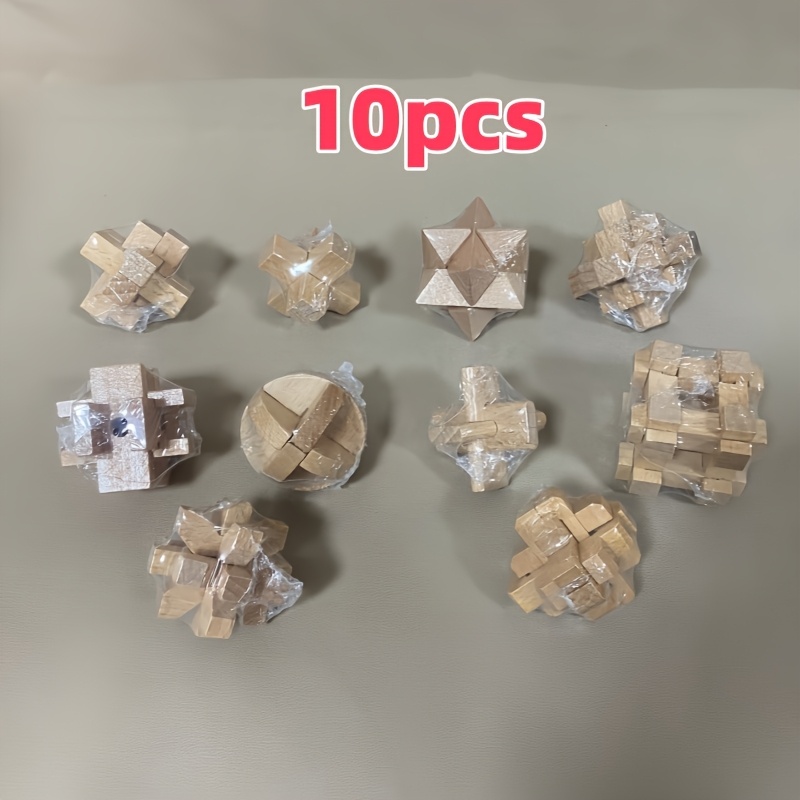 Image of 10pcs Unpainted Wooden Adult Educational Puzzle Lock. Dare To Challenge This Lu Ban Lock? You Play, It Becomes, And To Stop. Successfully Unlock It. A Try! Disassemble And Reassemble Them.