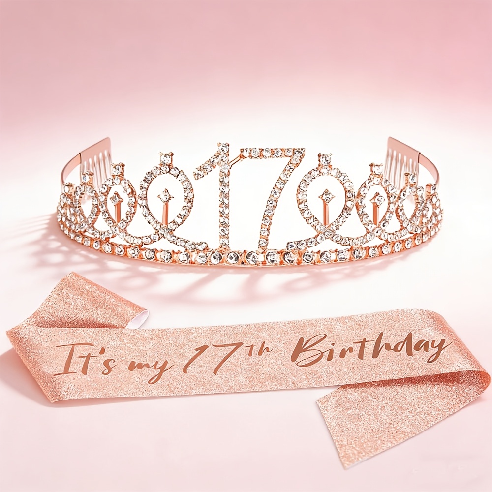 TEMU Ensemble Complet Couronne et Écharpe pour 17e Anniversaire - Coiffe Numéro 17 avec Écharpe Adaptée aux Fêtes, Cadeau pour Sweet 16 à 17 Ans et