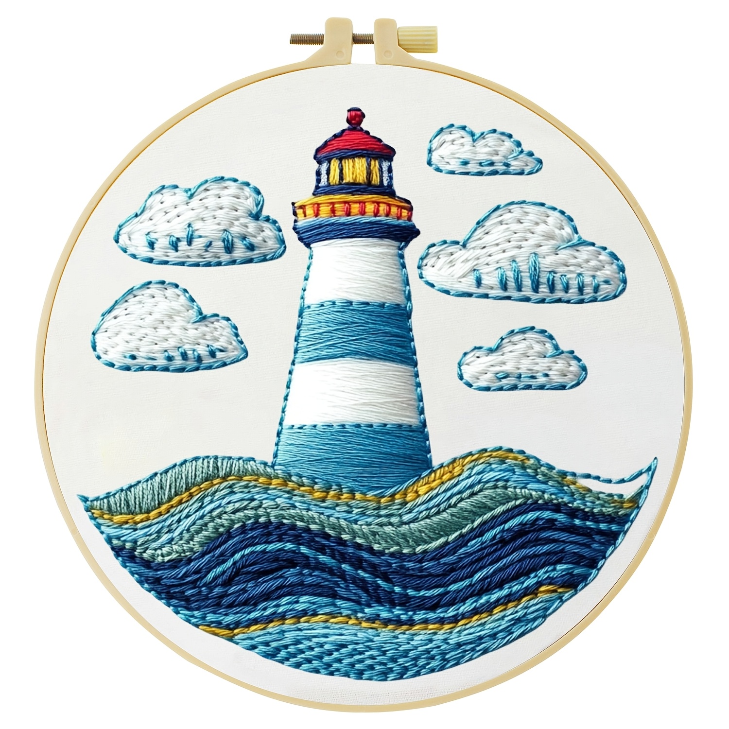 TEMU 1pc Embroidery Kit, 20x20cm/7.9x7.9inch, Lighthouse , Handcraft Embroidery Kit, Suitable For Adult Beginners, Includes Canvas, Manual, Hoop And