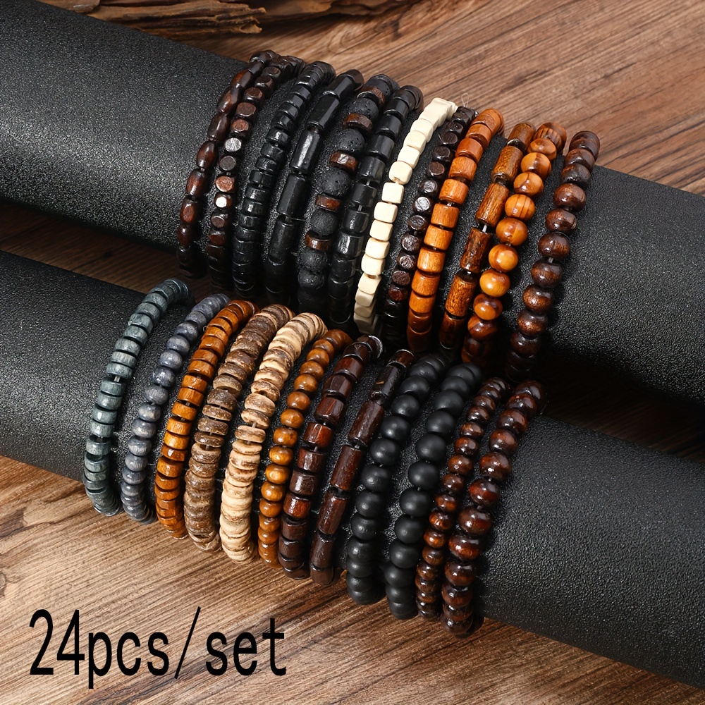 

24pcs Vintage Men's Bracelet Set - Handcrafted With Wood, Coconut Shell & Stone Beads