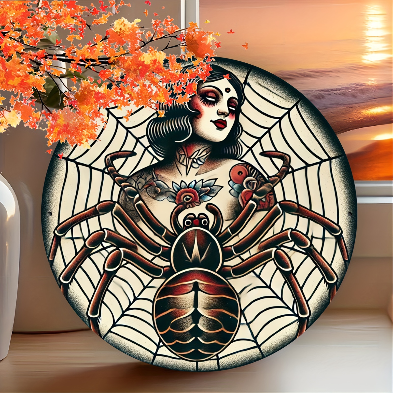 

Women & Spider Traditional Art - 8x8" Round Aluminum For Decor, , & - For , Bar, , / Use