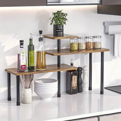 3 tier adjustable corner shelf heavy duty wood shaped cabinet shelf with space saving shelves assembly for over sink dresser kitchen bathroom rustic brown countertop organizer suitable for kitchen bathroom coffee