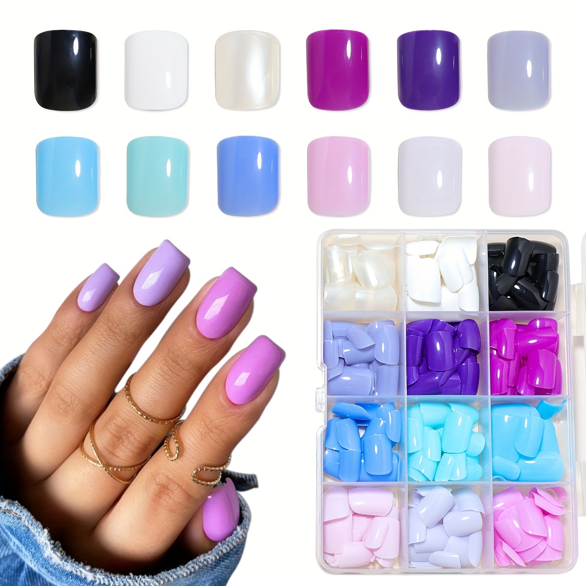 

False Nails Tips Set, 12 Color Assorted Square Acrylic Nail Art Pieces With Glossy Finish, Pre-shaped Full Cover Short Fake Nails In Storage Box For Diy Salon Style Manicure