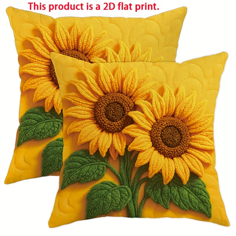 TEMU Parure de 2 taies d'oreiller imprimées en 2D à plat, représentant deux tournesols tridimensionnels sur un fond jaune, dégageant une ensoleillée.