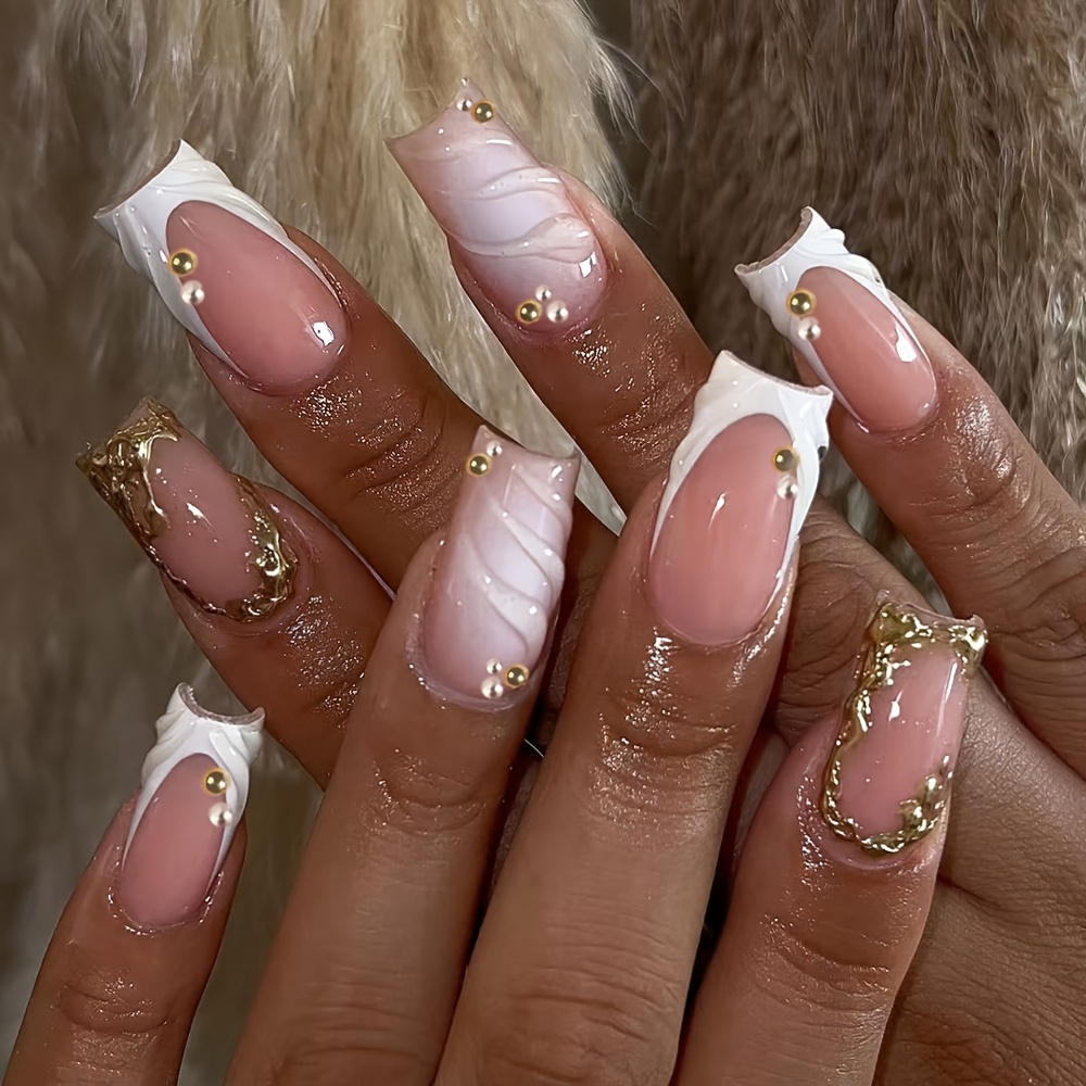 Image of 24pcs Medium-long Square 3d Gel Flower Nail Patches With Pearl Decoration Designed White -on Nails Acrylic Material Nails Perfectly Fit Fake Nails. Summer Nail Art Makes Your Fingertips Shine And Move