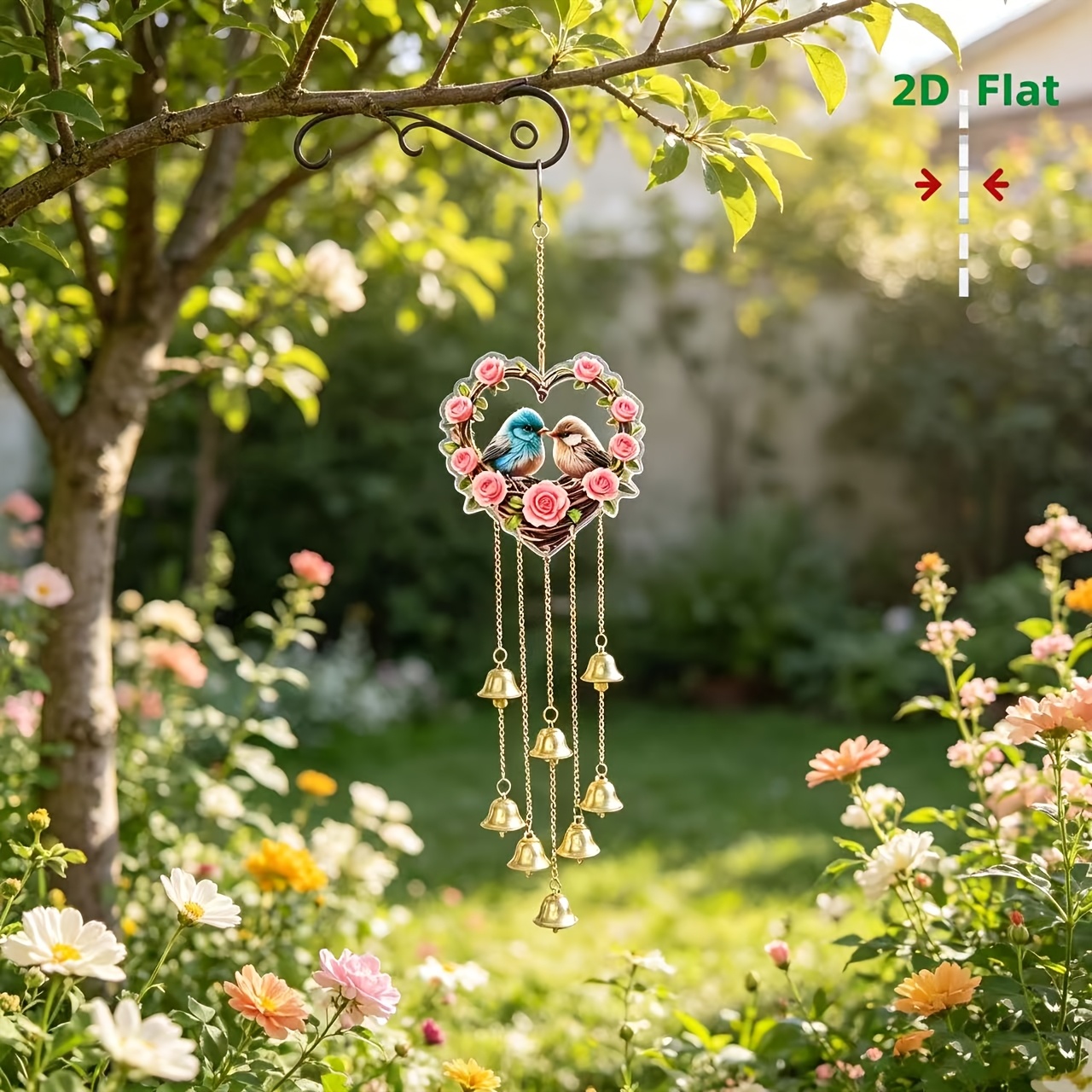 TEMU 2d Flat Heart-shaped Bird Wind Chime, Heart-shaped Set With Chime, Durable Metal Hanging Decoration, Suitable For Garden, Porch, Room, Doorway,