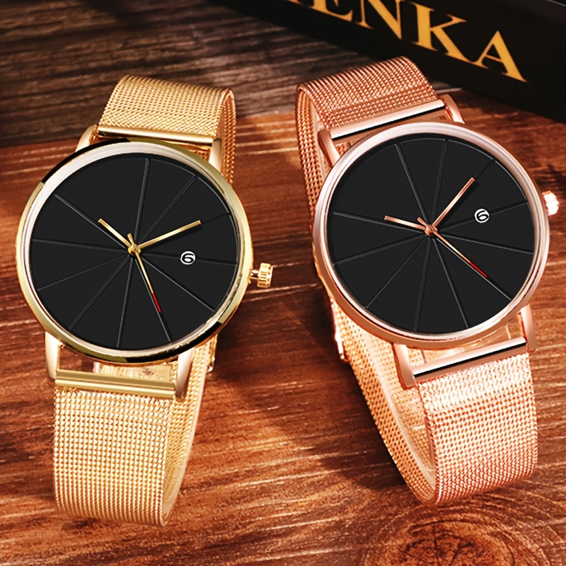2pcs/set Men Watches, Mens Minimalist Business Quartz Clock Stainless Calendar Wristwatch