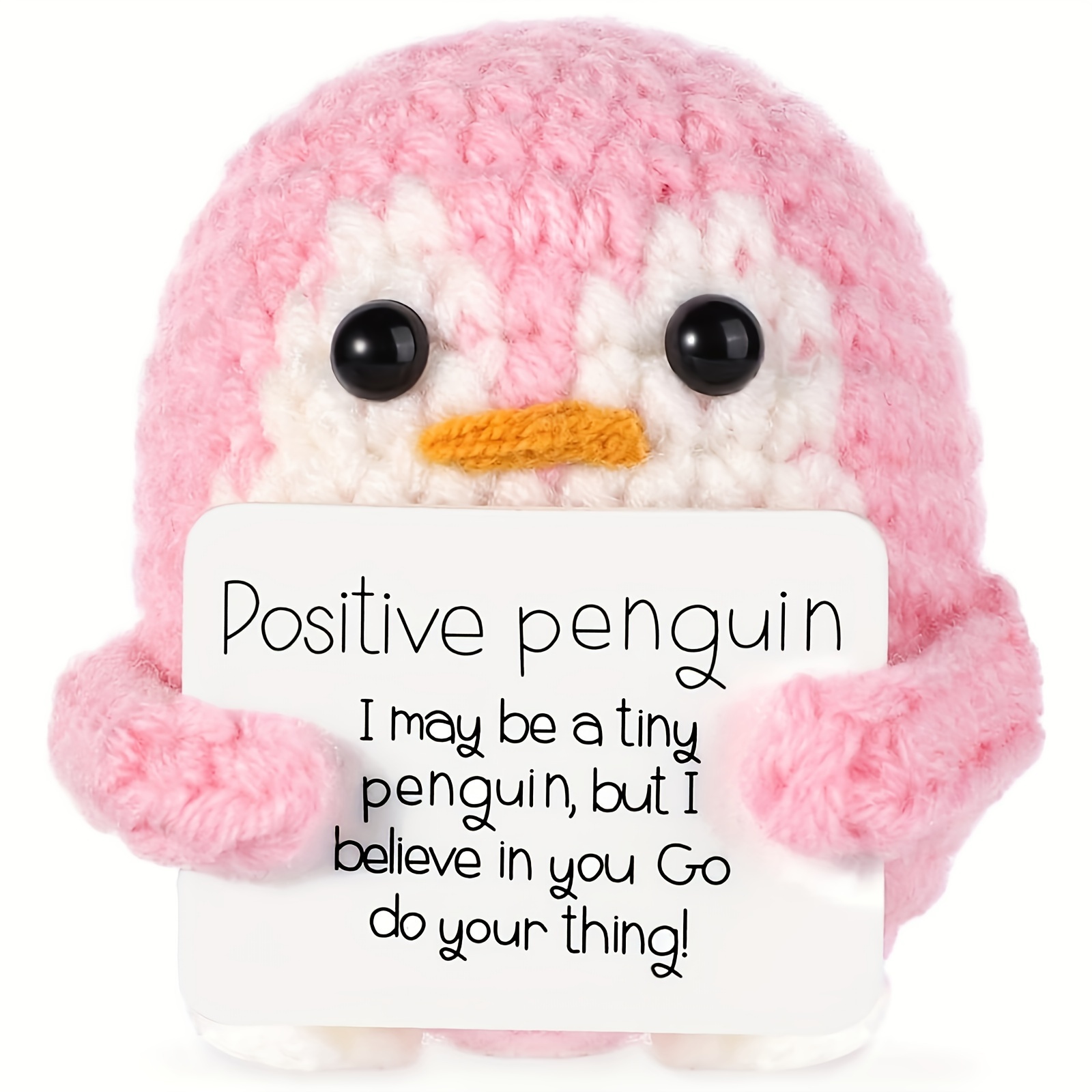 

1pc, Mini Funny Positive Penguin Cute Knitted Pink Penguin With Positive Card Creative Handmade Wool Crochet Inspirational Cheer Up Anniversary Birthday Gifts For Sister Her Granddaughter Brother