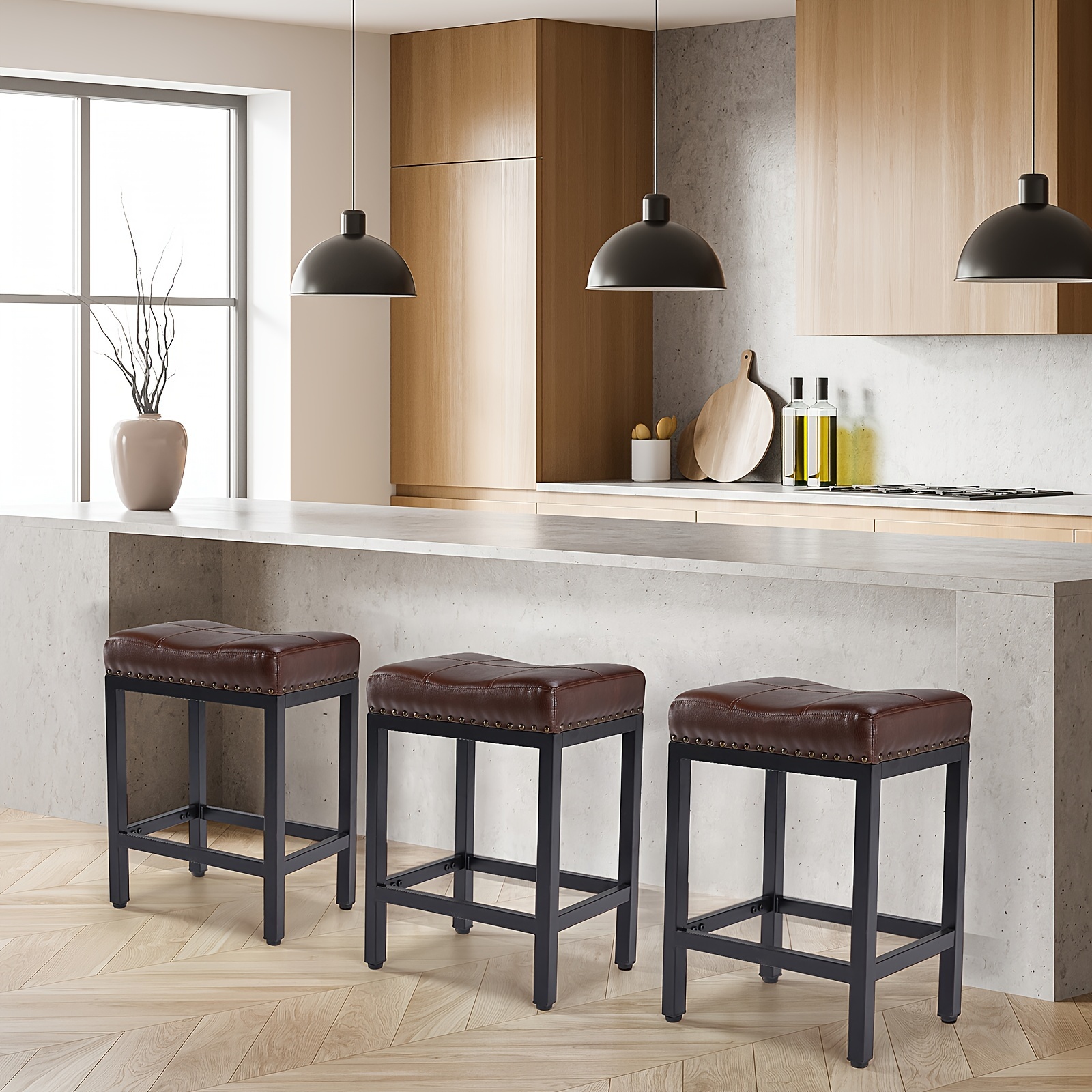 

Counter Stools Set, Upholstered Counter Height Bar Stools With Padded Seats And Metal Base, Pu Leather Stool For Island, In Black, Brown, Gray Colors