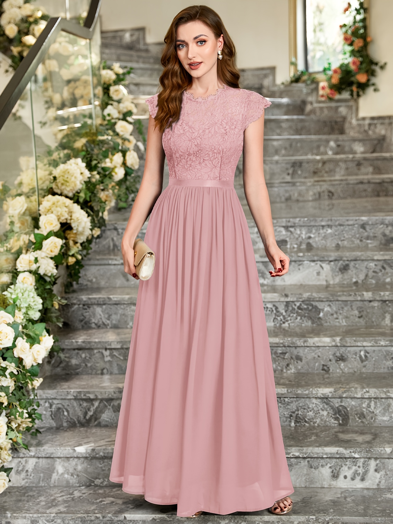 womens formal floral lace contrast chiffon evening party - Temu Australia