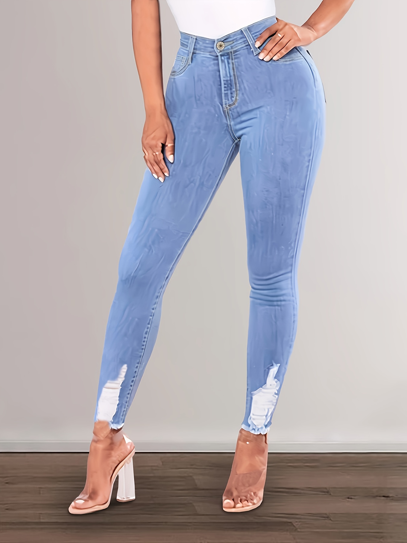 Express, High Waisted Light Wash Crossover Waistband Ripped Cropped Skinny  Jean