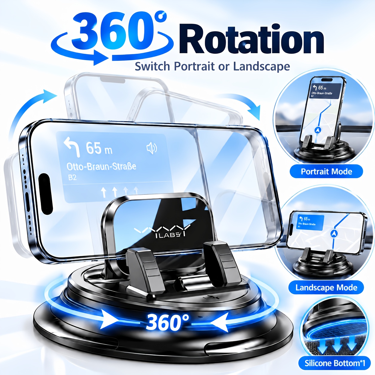 TEMU 360° Rotating Dashboard Car Phone Holder, Anti-slip Silicone Base | One-hand Operation Car Cell Phone Mount With Adjustable Spring Clip,