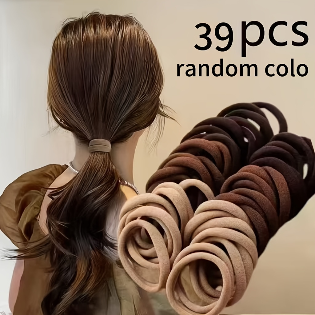 TEMU 39pcs Couleur Aléatoire Lait Café Couleur Haute Élasticité Couture Cercle Chouchou Cheveux Corde Cheveux Queue de Cheval Haute Cercle Simple