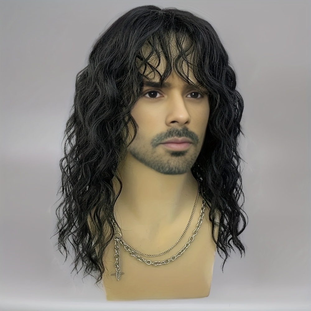 Image of Men's Long Curly White Wig 70s 80s Wigs With Bangs Heat Resistant Synthetic Halloween Cosplay Wig