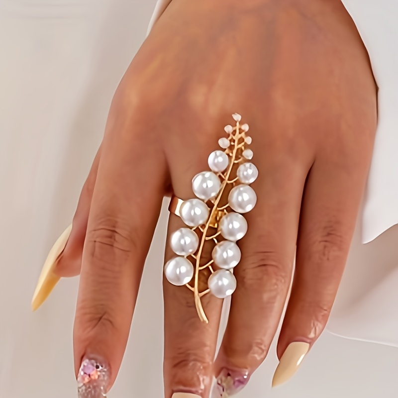 Elegant Long Imitation Pearl Leaf Ring - Golden-Toned Alloy with Imitation Imitation Pearl, Stylish Everyday & Party Jewelry for Women