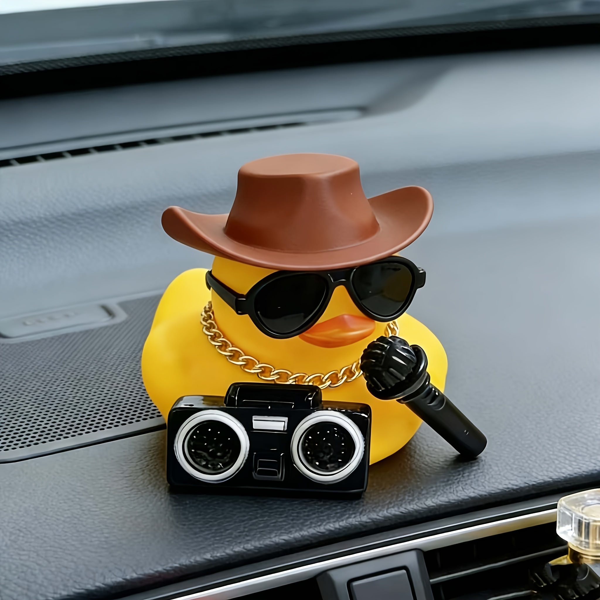 1pc creative denim yellow duck car ornament featuring a cool speaker and microphone design trendy motorcycle small car suv center console decoration car interior accessory   and party gift
