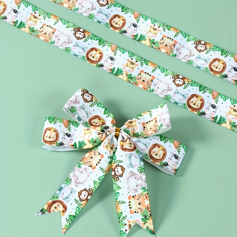 

1pc Jungle-themed Animal Printed Polyester Ribbon, Green Leaf & Cute Safari Animal Burlap Ribbon For Crafts, Bouquet Wrapping, Birthday & Holiday Party Decorations