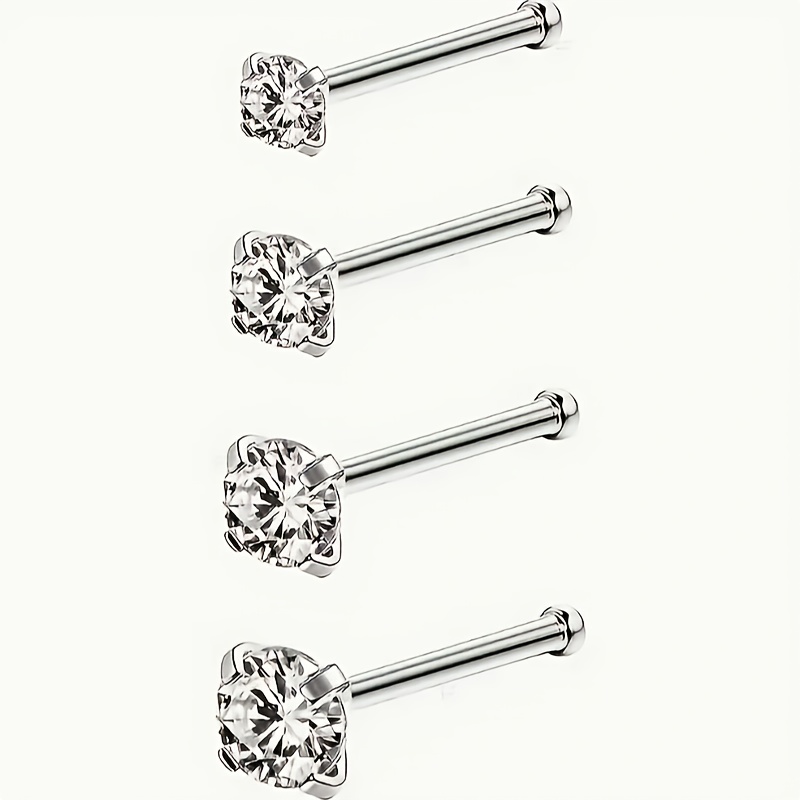 E-shop 4 Stück Nasenstecker - Elegante Minimalistische Runde Schnitt Kubik Synthetischer Zirkonia Gerade Bar Nasenringe - Durchstochener Schmuck,