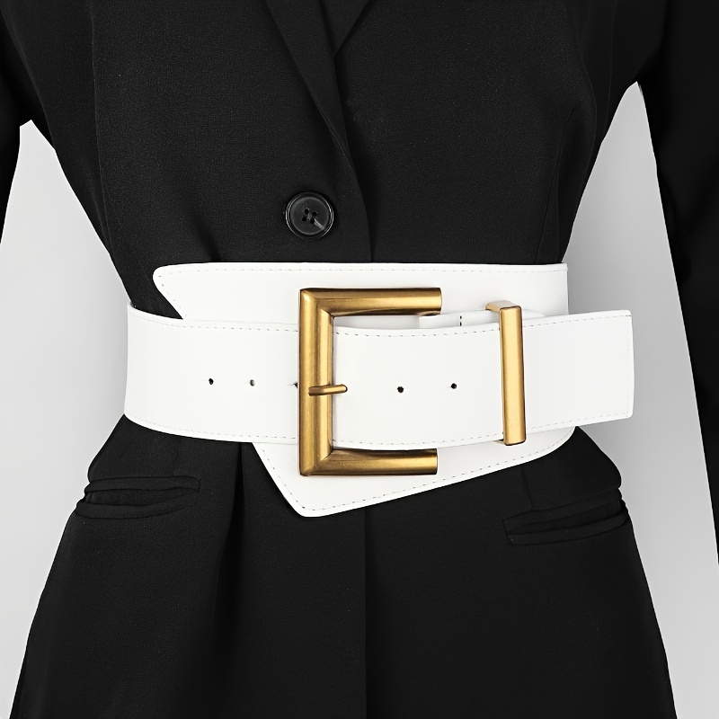 

Golden Square Buckle Wide Belts Vintage Solid Color Pu Leather Girdle Classic Coat Dress Belt Women