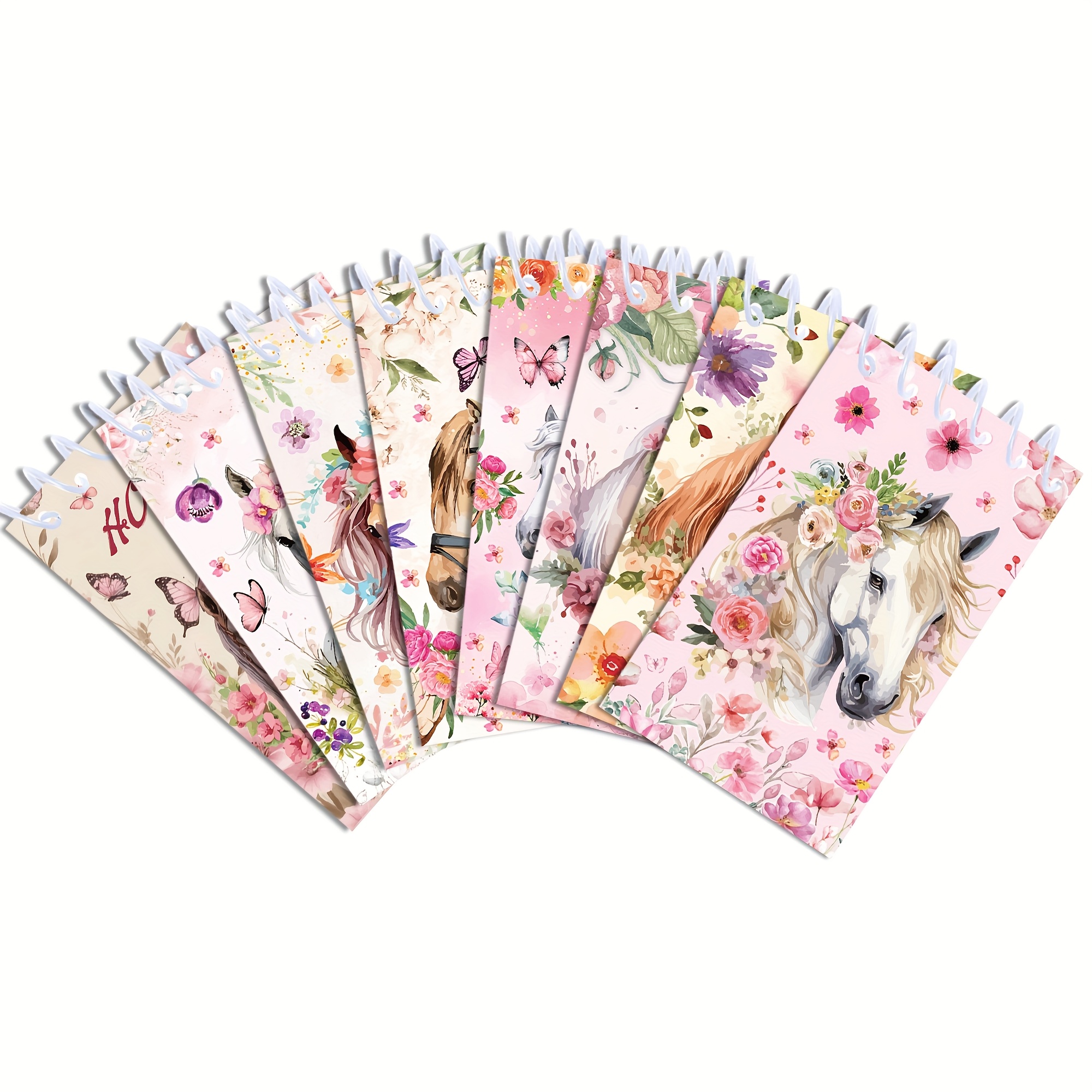 Image of Set Of 8 Mini Spiral Notebooks Featuring A Pink Rose Horse , Perfect For Birthday Party Supplies