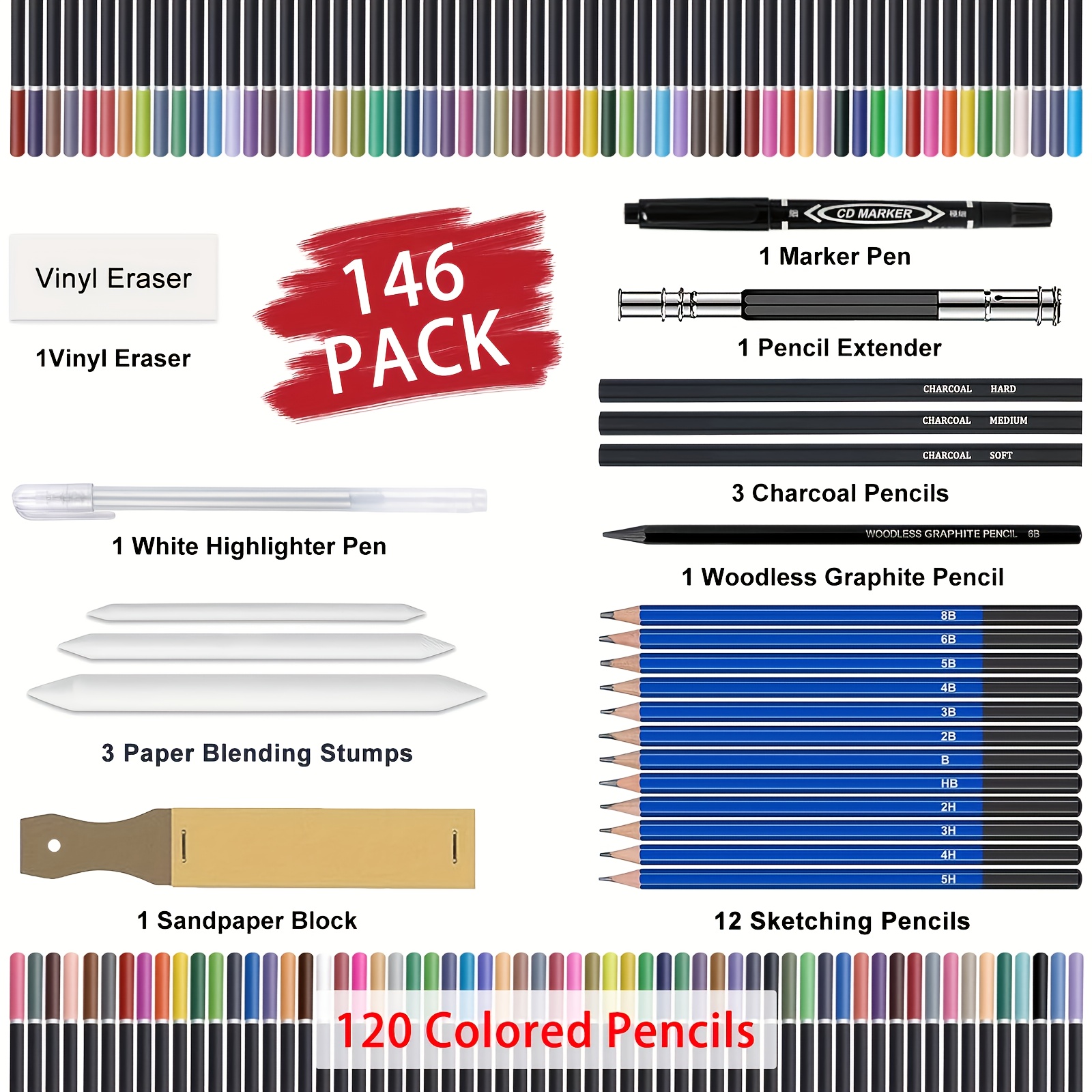 Ccfoud 146pcs Set of Colored Pencils for Drawing and Sketching
