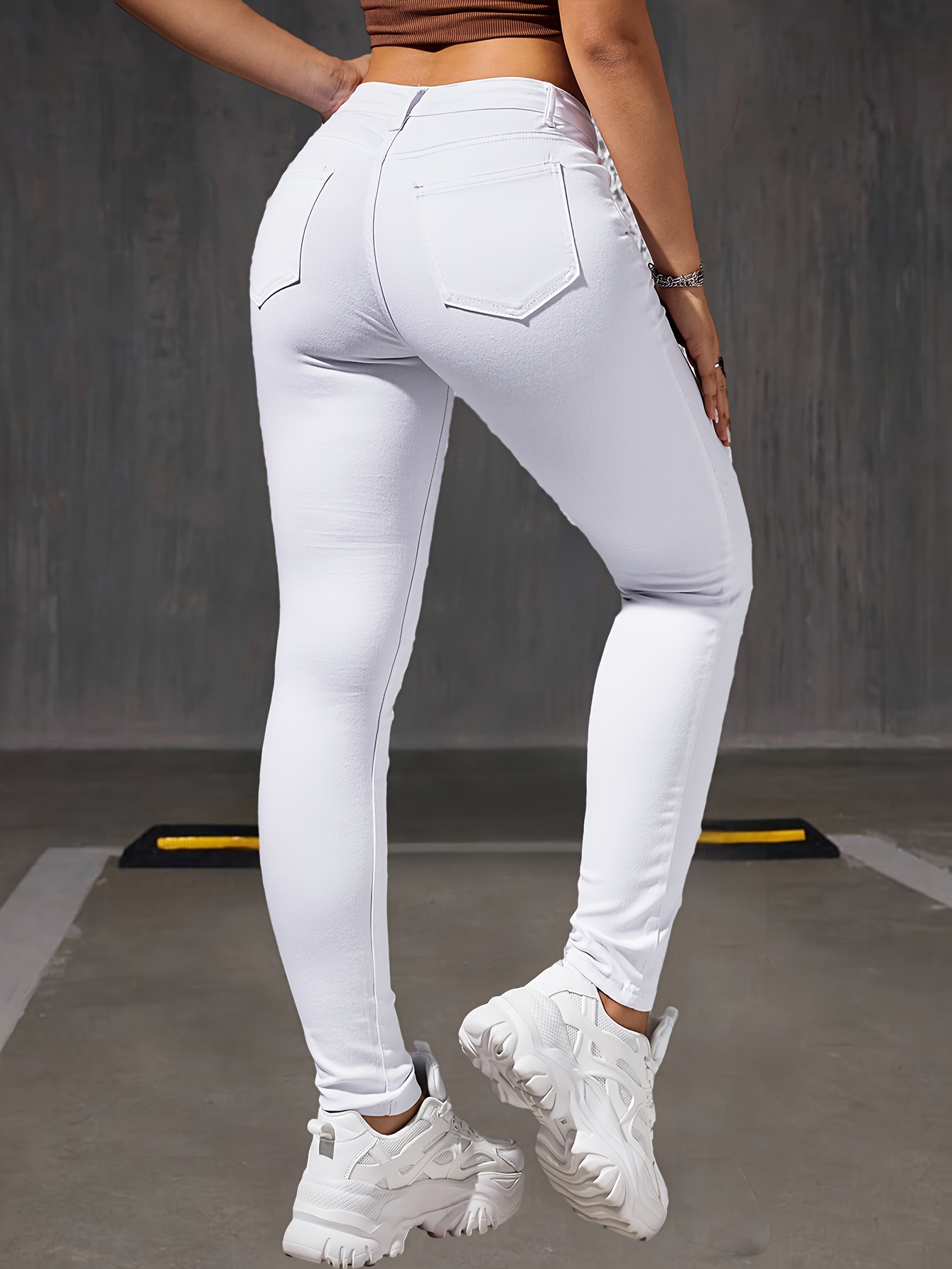 White High Stretch Skinny Jeans Slim Fit Slant Pockets - Temu