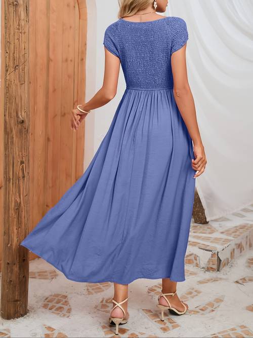 solid shirred crew neck dress casual short sleeve patch pockets dress for spring summer womens clothing