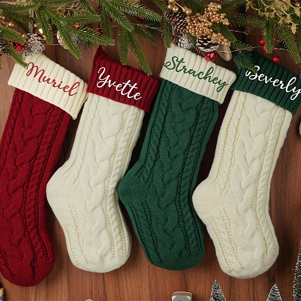 

1 Set Vintage Personalized Christmas Stockings, Embroidered Names, Soft Knit Fabric, , Family Gift For - Red, Green, White