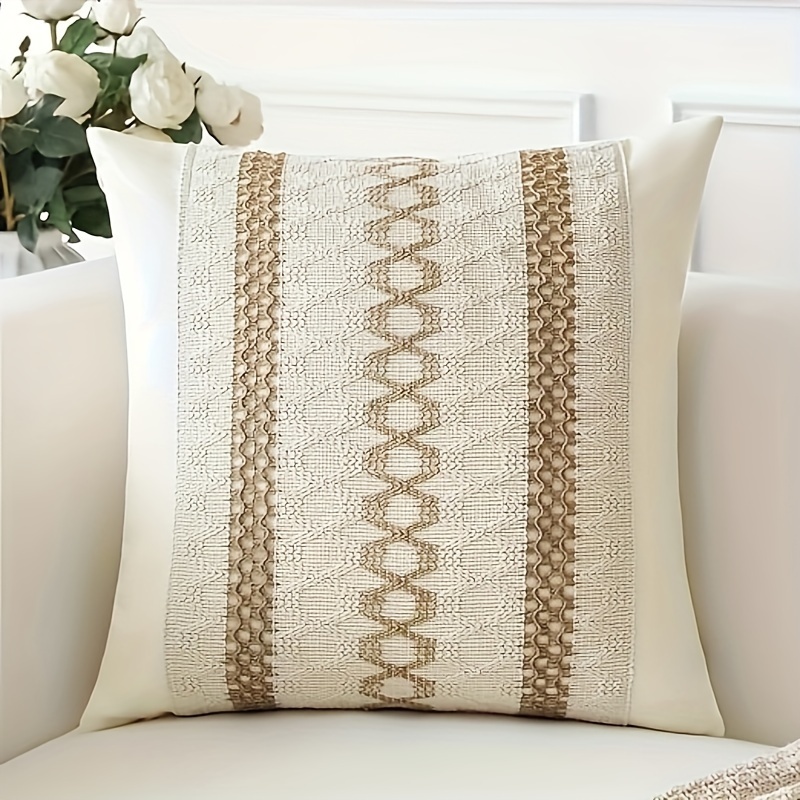 

One-piece, Yellow Hemp, Bohemian Decorative Pillow Cover 16x16 Inches, Polyester Textured Striped Woven Bohemian Cottage Cushion Cover For Sofa Living Room, Stripes, Pillow Insert Not Included.