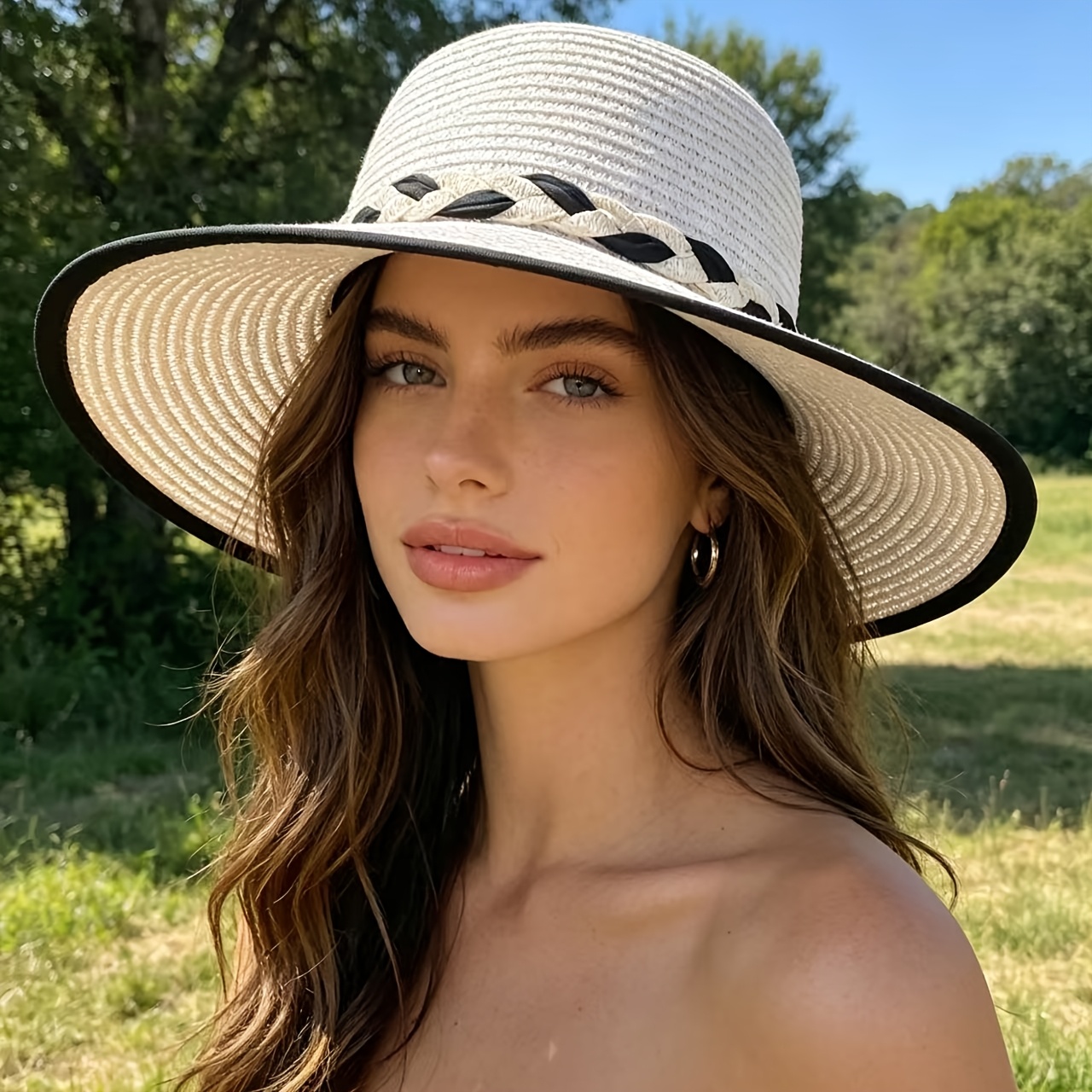 TEMU 1pc Women's Sun Hat, Elegant Style With Black Bow And Band Decoration, Foldable, Lightweight And Breathable, Suitable For Summer Beach Vacation