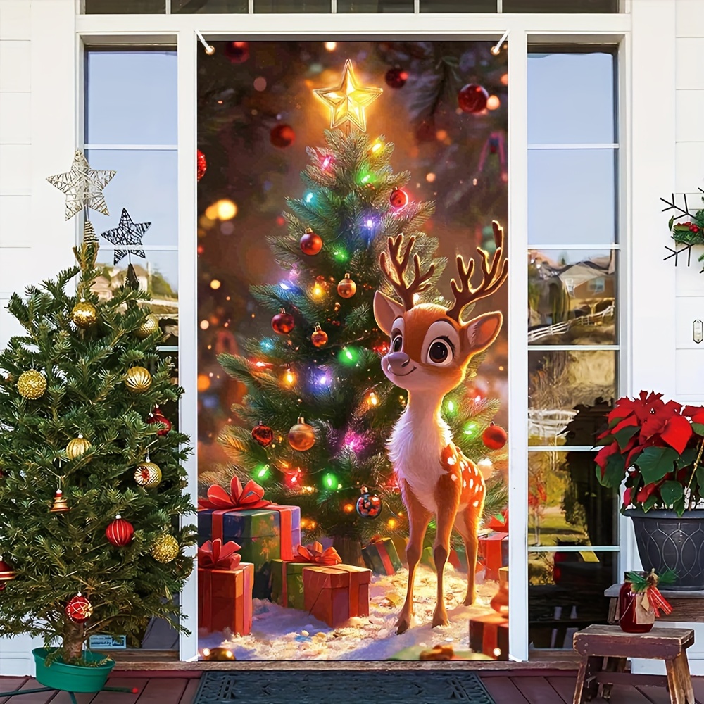 

Christmas Deer & Tree Door Banner - Indoor/outdoor Holiday Decor, No Power Needed, New Year's & Parties, 35.4x70.8 Inches